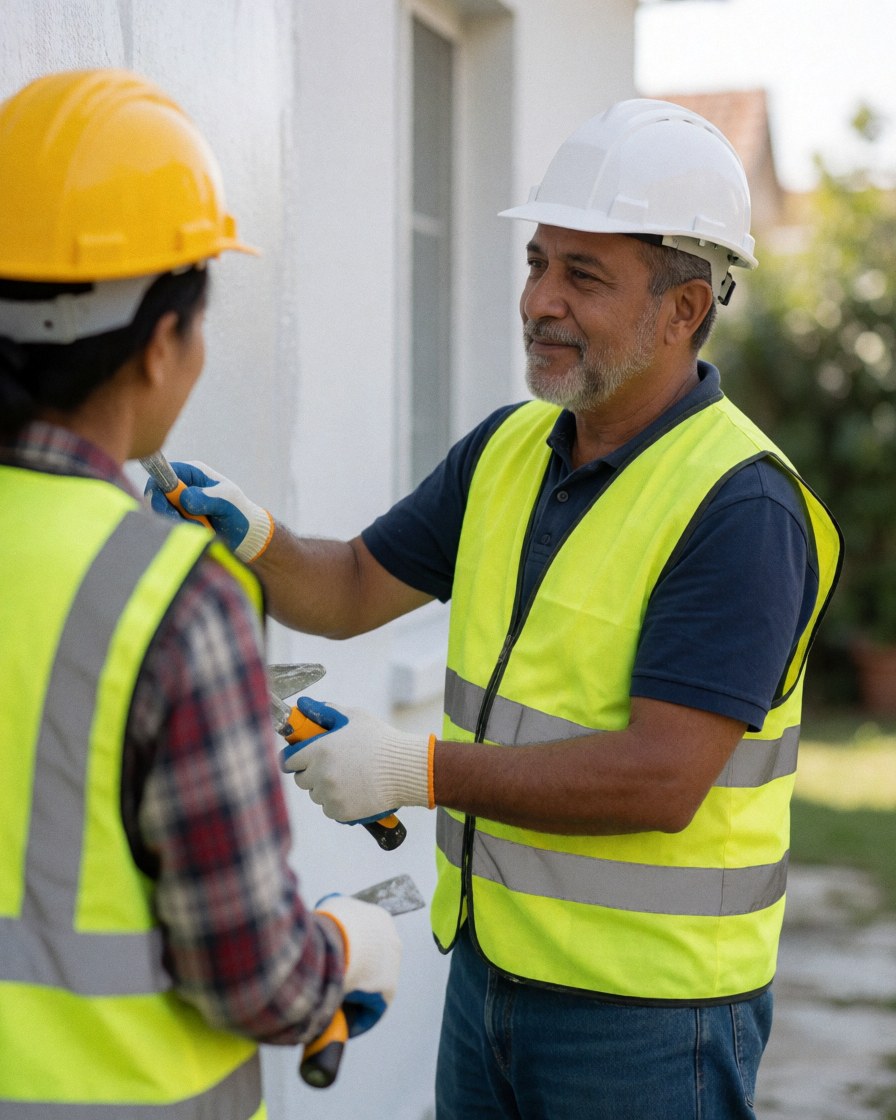 Une cliente observe attentivement l'état de la peinture sur la façade extérieure d'un bâtiment.
