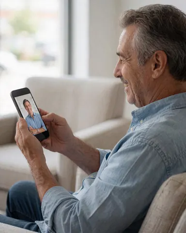 Un homme heureux regarde son téléphone portable avec un sourire, assis dans une pièce lumineuse.