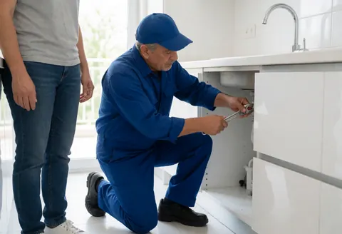 Un plombier vêtu de bleu travaille sur un robinet avec une clé, tandis qu'un client observe la scène depuis l'arrière-plan.