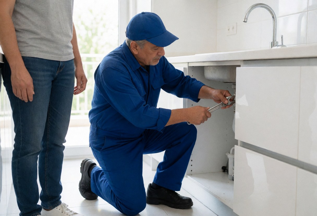 Un plombier vêtu de bleu travaille sur un robinet avec une clé, tandis qu'un client observe la scène depuis l'arrière-plan.