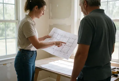 Un entrepreneur en tenue professionnelle montre et explique les détails d'un plan architectural à un client lors d'une réunion de travail.