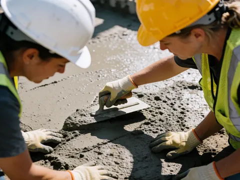 Deux ouvriers en casques et gilets de sécurité lissent du béton frais sur un chantier extérieur, mettant en valeur la texture du matériau et leurs outils.