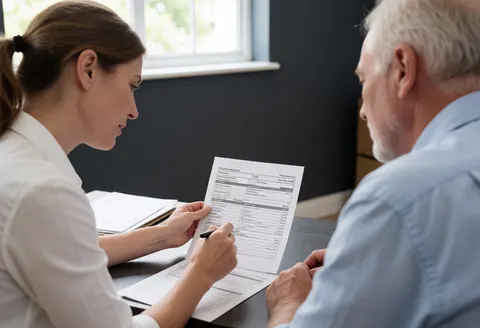 Une comptable explique un formulaire d'imposition à un client assis dans un bureau lumineux aux murs gris.