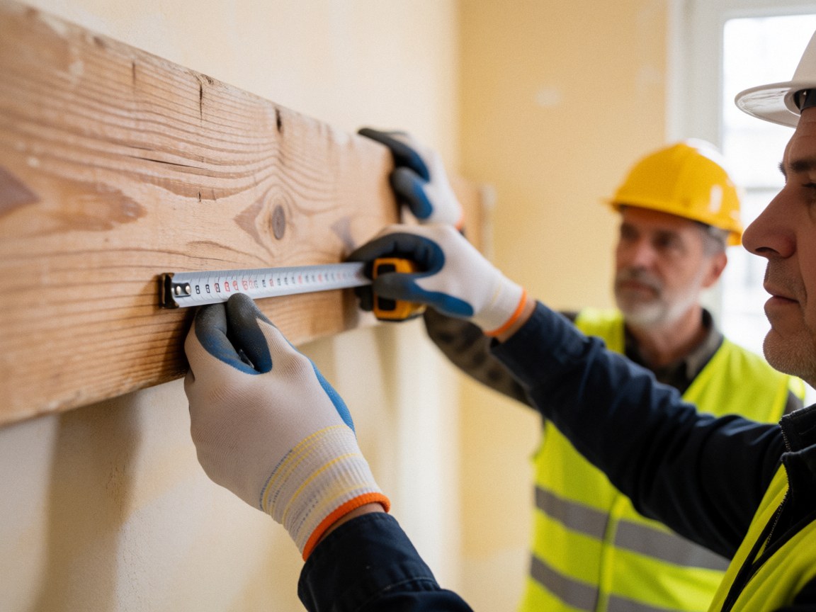 Gros plan d'une main gantée tenant une poutre en bois pendant qu'un constructeur mesure avec un mètre ruban, sur un chantier avec lumière naturelle.