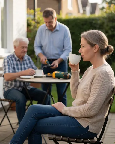 Une femme savoure une tasse de thé dans son jardin tandis qu'un technicien installe un système de sécurité à l'extérieur et qu'une autre personne observe depuis une table.
