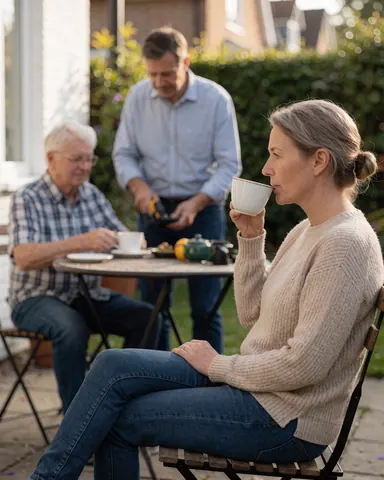 Une femme savoure une tasse de thé dans son jardin tandis qu'un technicien installe un système de sécurité à l'extérieur et qu'une autre personne observe depuis une table.