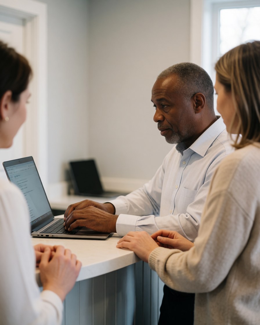 Un homme en bureau utilise un ordinateur pendant que deux femmes l'observent, illustrant la collaboration professionnelle.