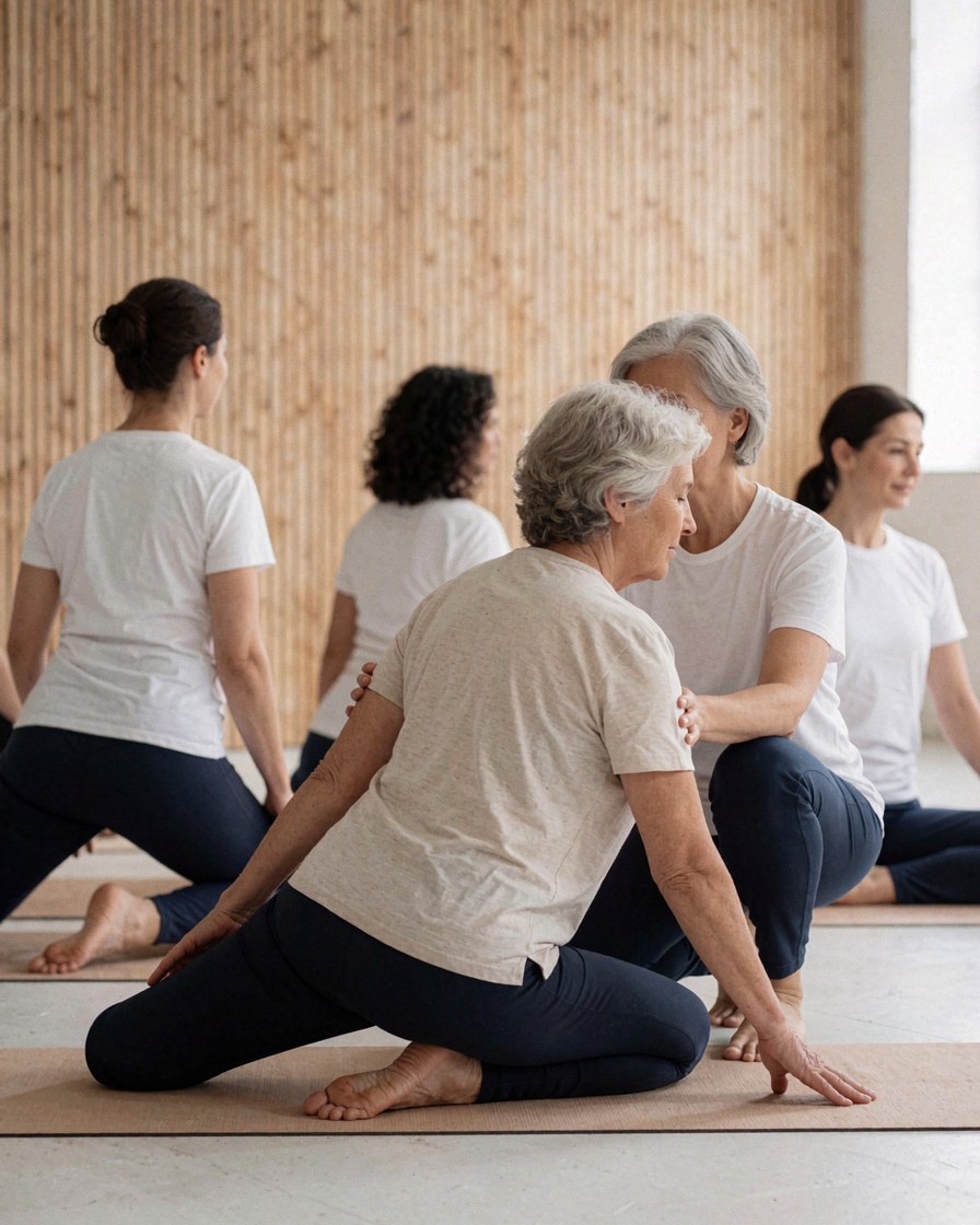 Une femme senior s'étire avec l'aide d'une instructrice lors d'un cours de yoga dans un studio aux murs boisés, ambiance calme et professionnelle.