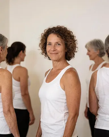 Une instructrice de yoga avec un sourire chaleureux, vêtue d'un haut blanc, se tenant dans un studio lumineux aux murs clairs.