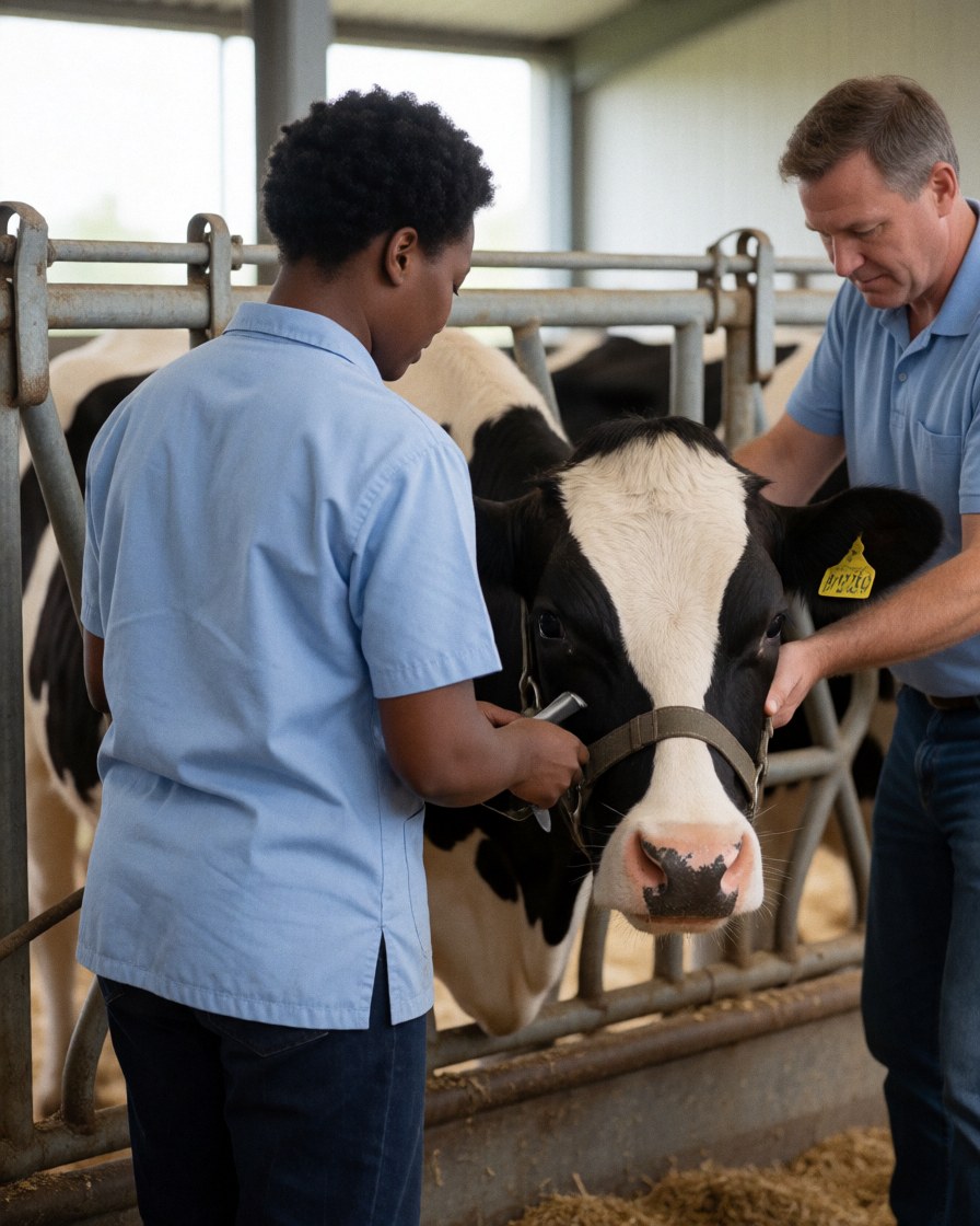 Un vétérinaire examine une vache dans un environnement rural, assisté par un collègue qui maintient l'animal pour faciliter le soin.