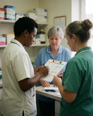Trois professionnels vétérinaires consultent un document dans une clinique, entourés d'étagères de médicaments et d'une table de travail, illustrant le travail d'équipe.