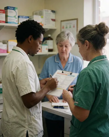 Trois professionnels vétérinaires consultent un document dans une clinique, entourés d'étagères de médicaments et d'une table de travail, illustrant le travail d'équipe.