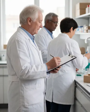 Groupe de vétérinaires souriants en blouse blanche tenant des dossiers et des stylos dans un laboratoire.