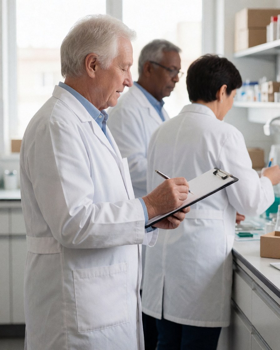 Groupe de vétérinaires souriants en blouse blanche tenant des dossiers et des stylos dans un laboratoire.