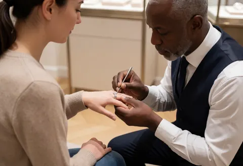 Un bijoutier professionnel utilise un outil de mesure pour déterminer avec précision la taille du doigt d'un client dans une boutique de joaillerie.