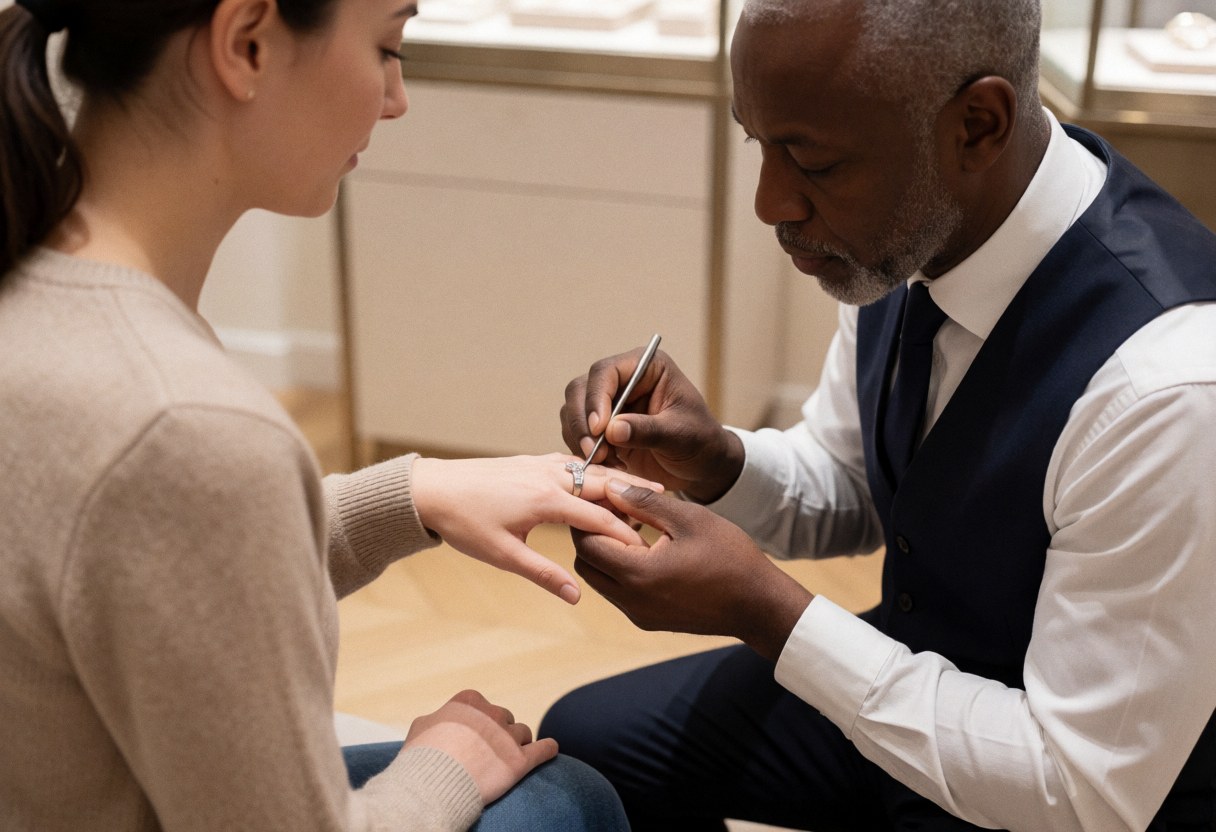 Un bijoutier professionnel utilise un outil de mesure pour déterminer avec précision la taille du doigt d'un client dans une boutique de joaillerie.