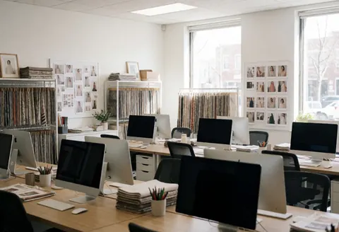 Espace de travail professionnel pour la planification d'événements et de mariages. Tables, ordinateurs, mobilier, tissus et mood boards. Lumière naturelle par les fenêtres.