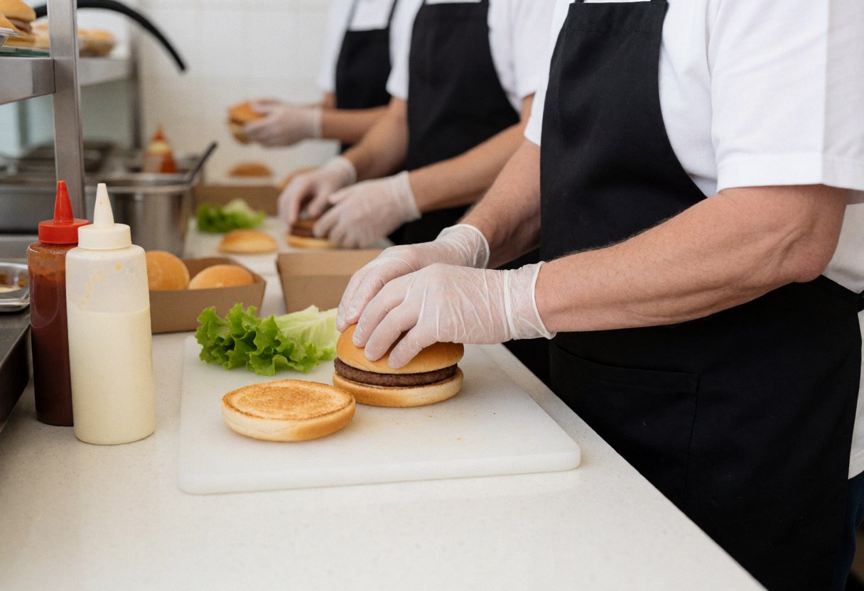 Un cuisinier prépare des hamburgers avec de la laitue et de la sauce sur un plan de travail propre.