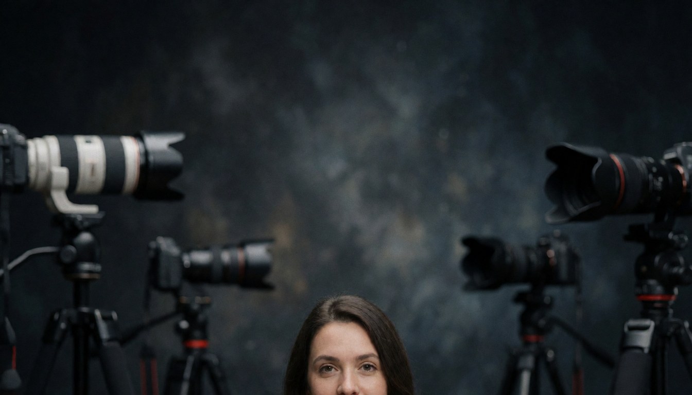 Équipement photographique professionnel composé de plusieurs appareils photo montés sur des trépieds, disposés devant un arrière-plan sombre et texturé.