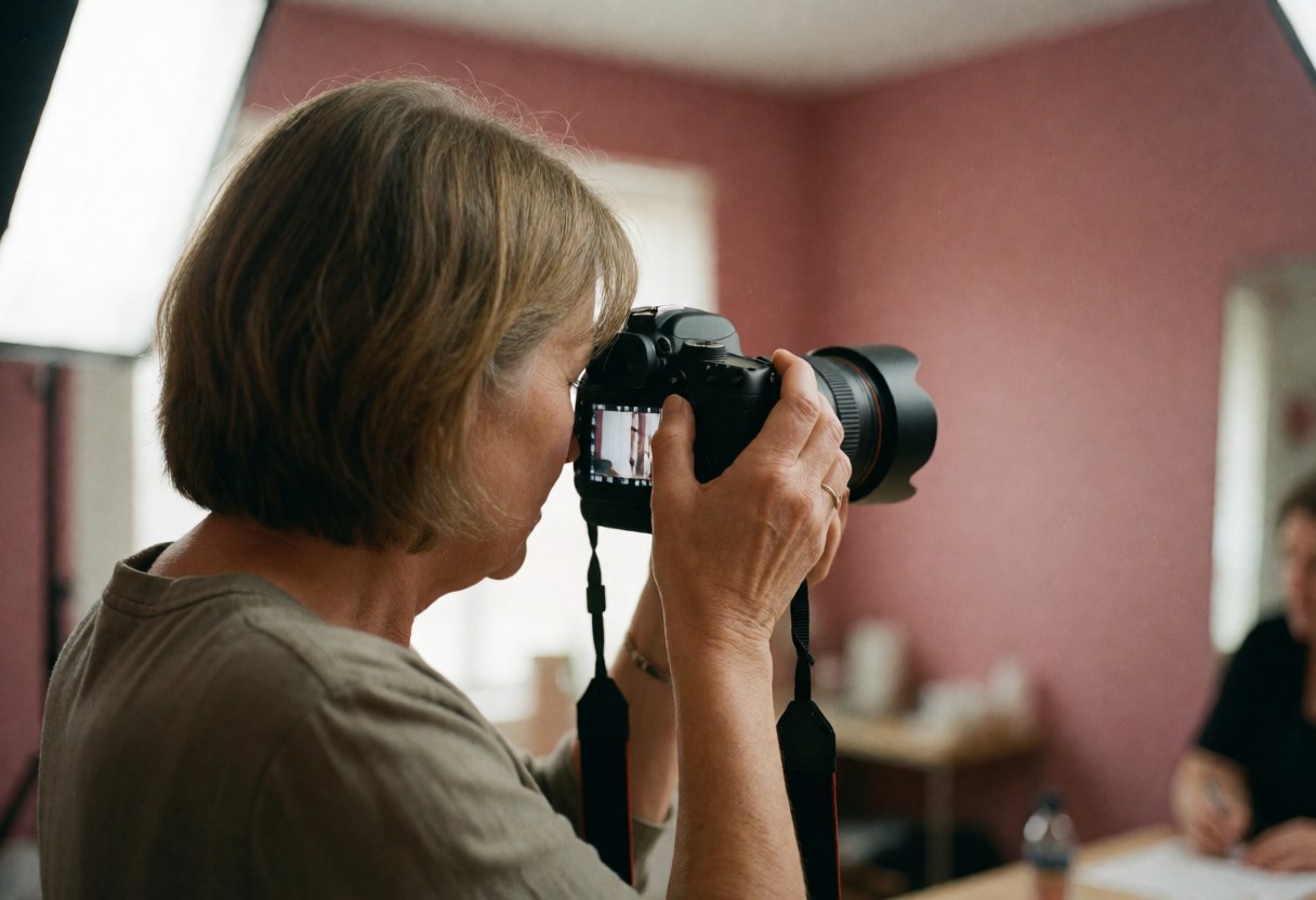 Une photographe professionnelle ajuste son appareil photo reflex dans un studio aux murs roses, préparant une séance de prise de vue.