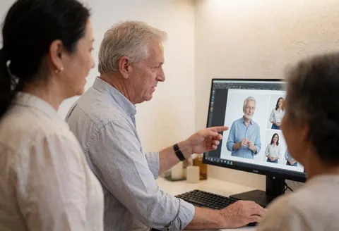 Un photographe examine des images sur un écran avec deux clients dans un studio professionnel aux murs clairs, entouré d'ordinateurs et de moniteurs.