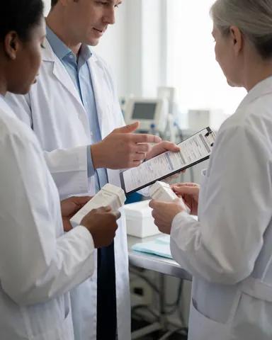 Des vétérinaires professionnels en tenue de travail discutent ensemble de cas médicaux dans une clinique vétérinaire moderne et propre.