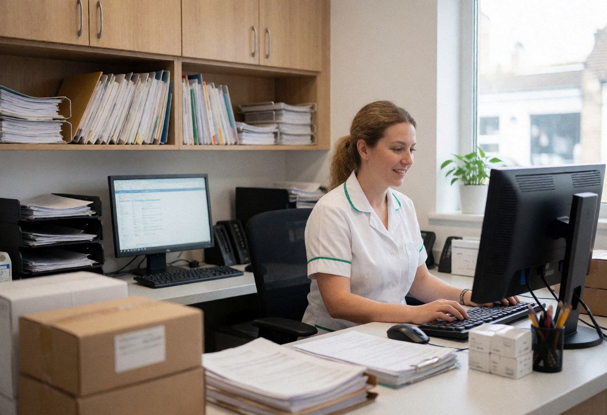 Une femme travaille sur un ordinateur dans un bureau vétérinaire bien rangé et lumineux, entourée de documents et de boîtes de médicaments.