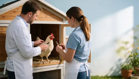 Un vétérinaire et son assistante inspectent une poule dans un poulailler en bois. La scène est lumineuse, propre et professionnelle, avec des outils de travail visibles.