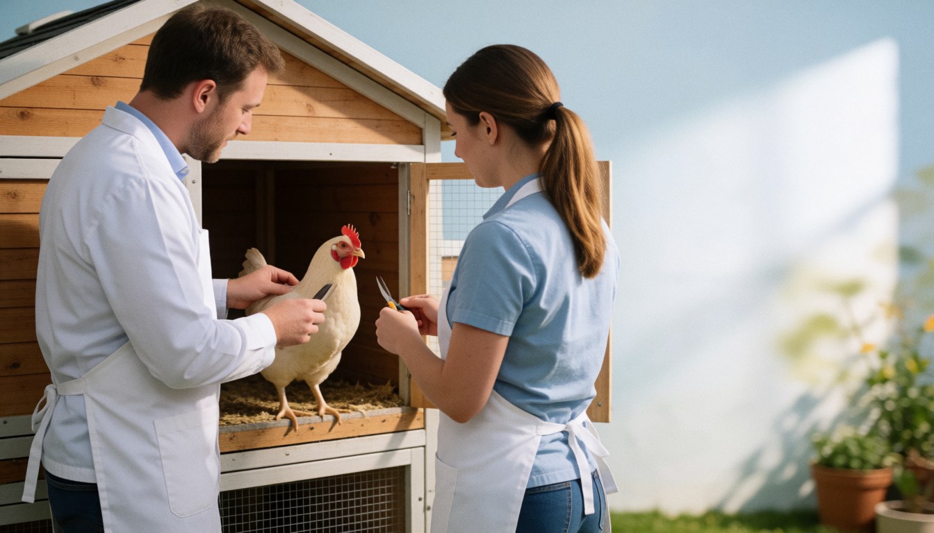 Un vétérinaire et son assistante inspectent une poule dans un poulailler en bois. La scène est lumineuse, propre et professionnelle, avec des outils de travail visibles.