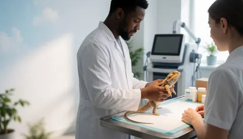 Un vétérinaire examine un lézard dans une clinique, une personne observe, équipement médical, lumière naturelle, environnement propre et professionnel.