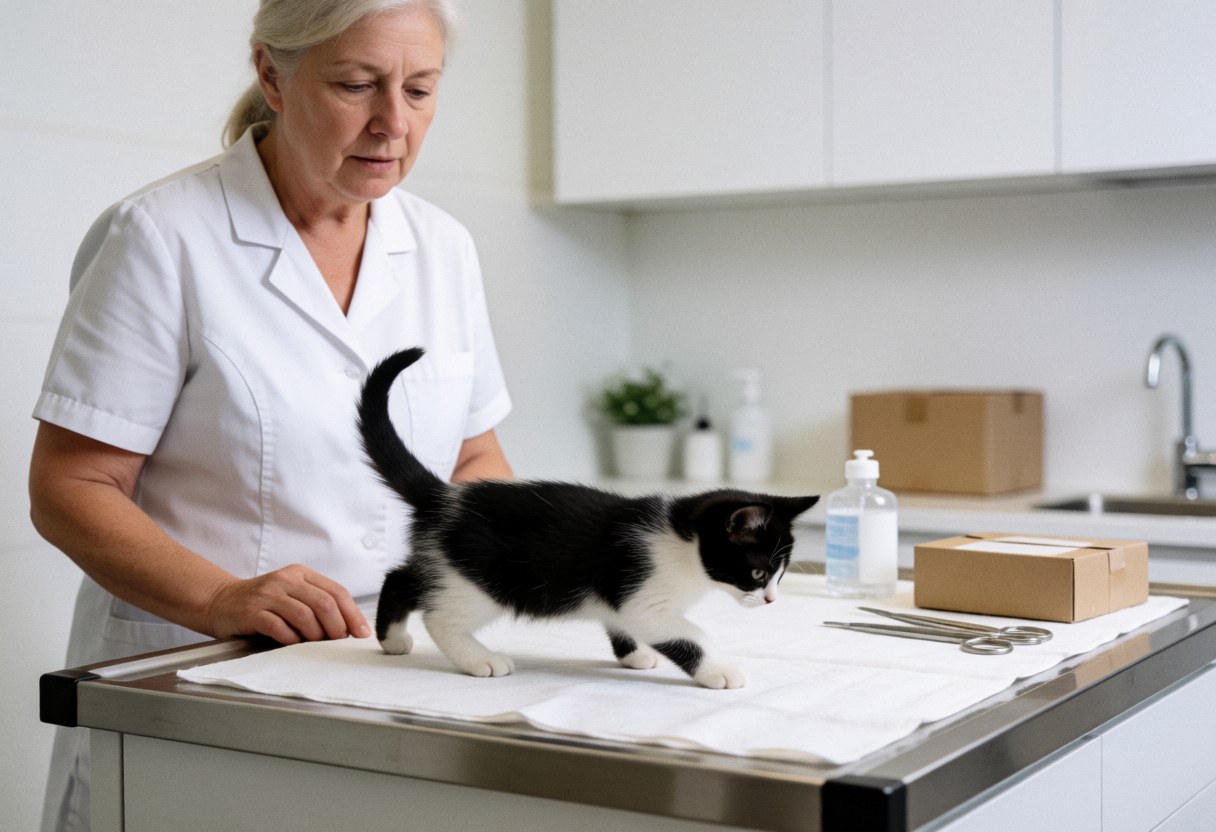 Un petit chat noir et blanc est examiné sur une table dans une clinique vétérinaire moderne et propre.