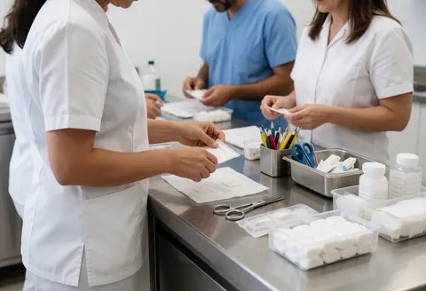 Un technicien vétérinaire prépare des instruments sur un comptoir en acier inoxydable, avec des gants, des ciseaux et d'autres ustensiles médicaux organisés.
