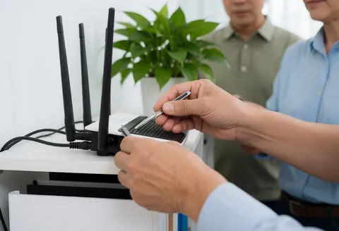 Installation de réseau sans fil par un professionnel dans un environnement de travail.