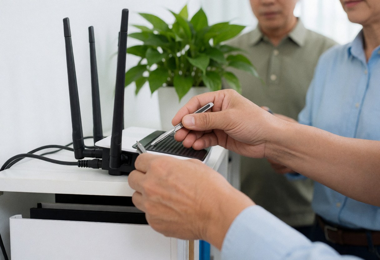Installation de réseau sans fil par un professionnel dans un environnement de travail.