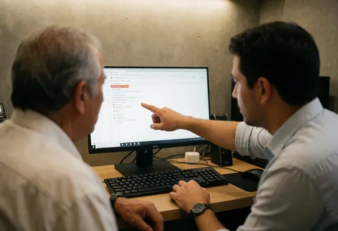 Un technicien informatique montre des informations sur un moniteur à un client devant un clavier dans un bureau.