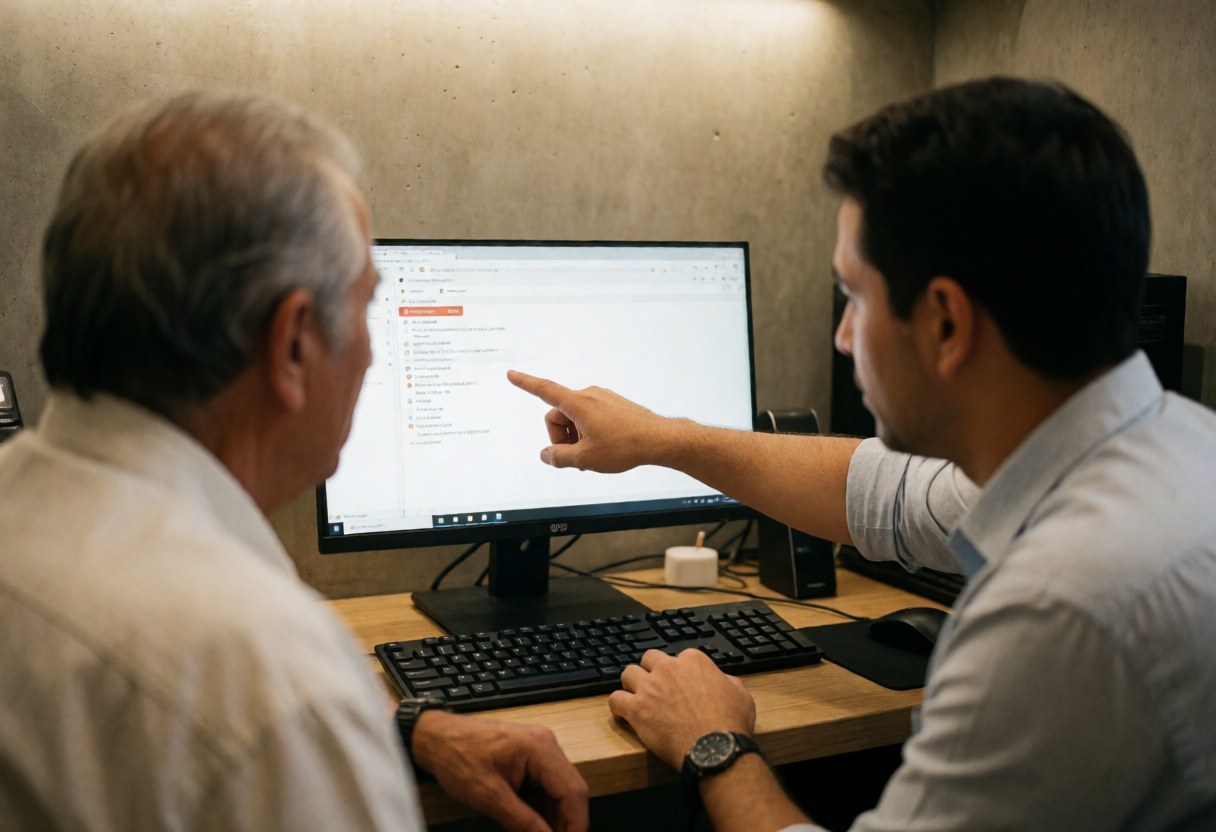 Un technicien informatique montre des informations sur un moniteur à un client devant un clavier dans un bureau.