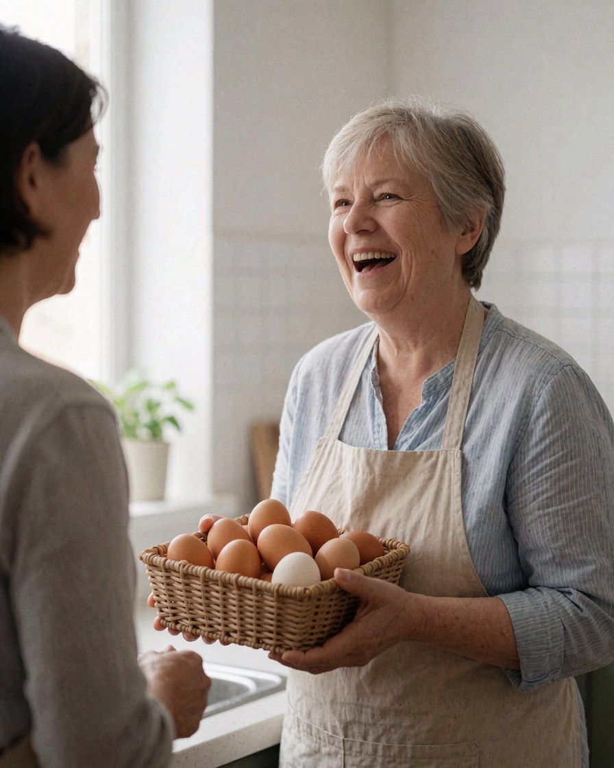 Une femme heureuse tient un panier rempli d'œufs biologiques frais dans une cuisine domestique.