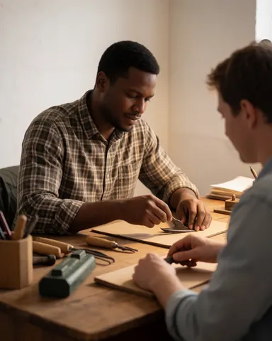 Un professionnel rédige des notes manuscrites sur du papier blanc, assis à un bureau rustique en bois massif dans un environnement de travail intérieur.