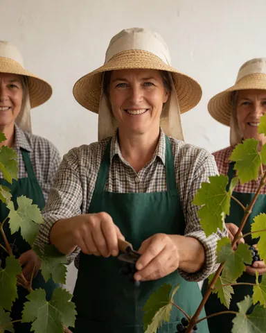 Trois femmes souriantes cueillant du raisin dans un vignée sous une lumière naturelle chaleureuse, portant chapeaux et tabliers.