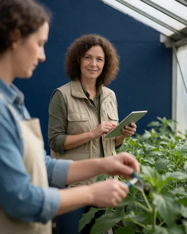 Une agronome tient une tablette dans une serre verte entourée de plantes, tandis qu'une autre personne taille des végétaux à proximité sur fond bleu foncé.