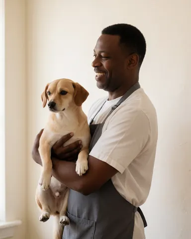 Un groomer souriant tient un chien fraîchement tondu dans un salon avec des murs blancs et une lumière naturelle.