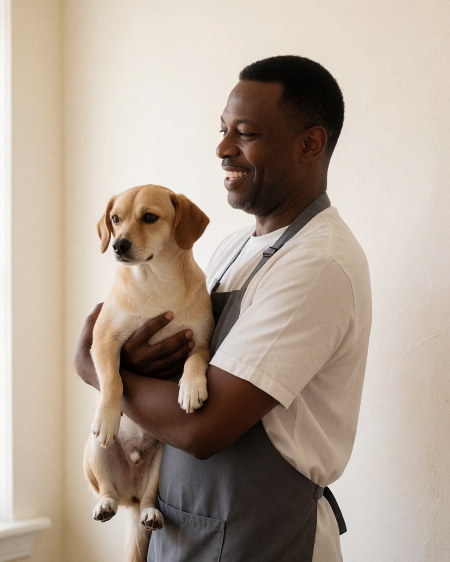 Un groomer souriant tient un chien fraîchement tondu dans un salon avec des murs blancs et une lumière naturelle.
