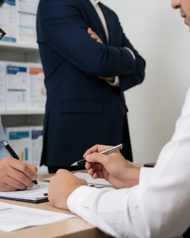 Conseiller financier en costume bleu les bras croisés regarde un client assis qui signe des papiers sur un bureau dans un bureau professionnel avec étagères de dossiers.
