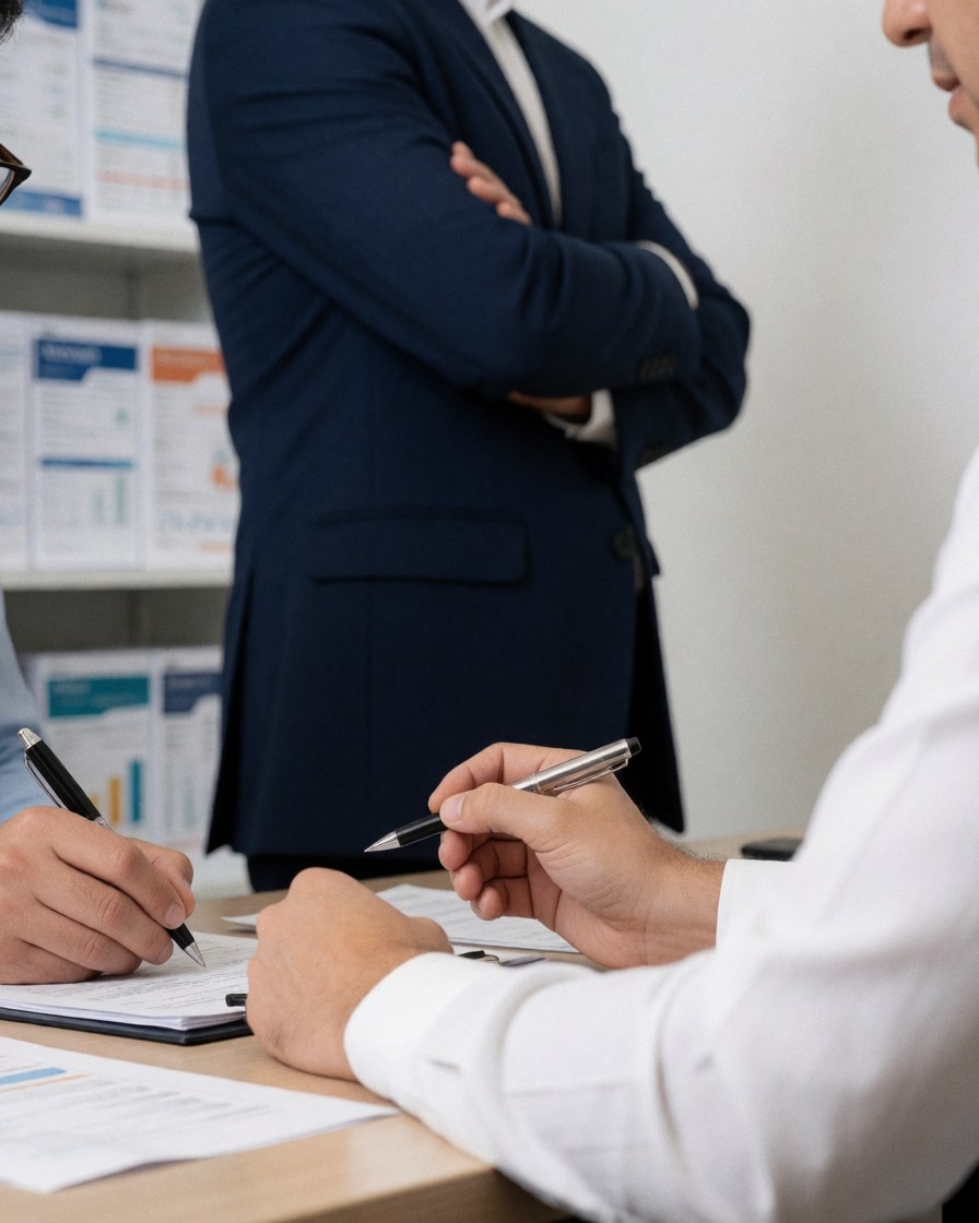 Conseiller financier en costume bleu les bras croisés regarde un client assis qui signe des papiers sur un bureau dans un bureau professionnel avec étagères de dossiers.