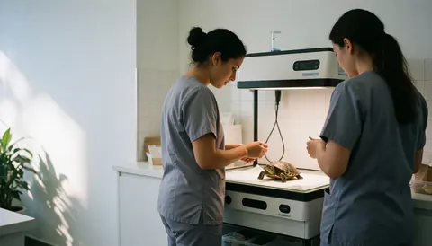 Deux professionnelles vétérinaires examinant une petite tortue dans un cabinet moderne équipé d'instruments médicaux, baigné de lumière naturelle.