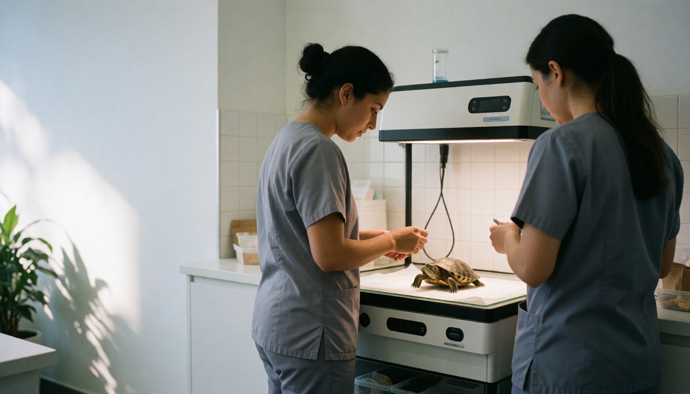 Deux professionnelles vétérinaires examinant une petite tortue dans un cabinet moderne équipé d'instruments médicaux, baigné de lumière naturelle.