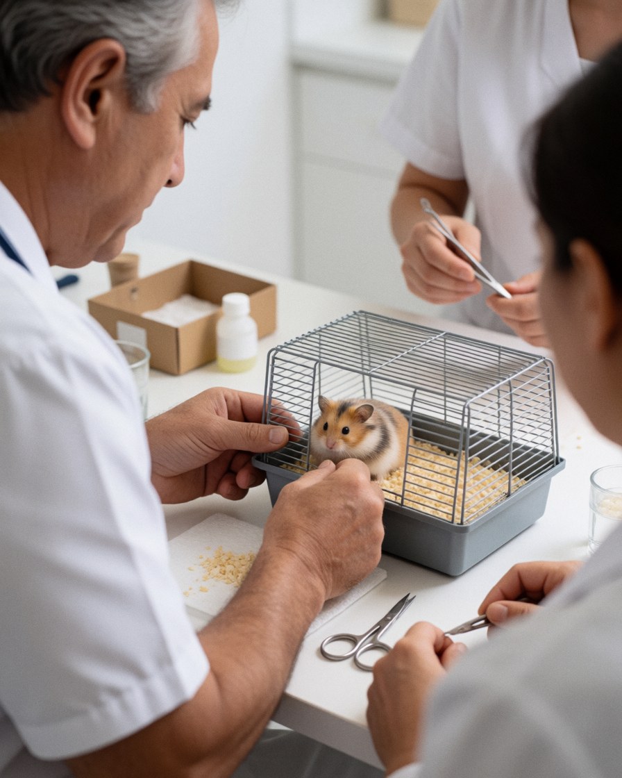 Un vétérinaire examine un hamster dans une cage posée sur une table blanche tandis qu'une assistante prépare des outils, dans une clinique propre et professionnelle.