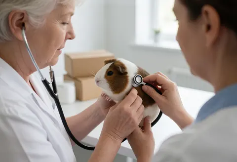 Consultation vétérinaire mettant en scène un hamster et un cobaye, illustrant les soins aux animaux de compagnie en clinique.