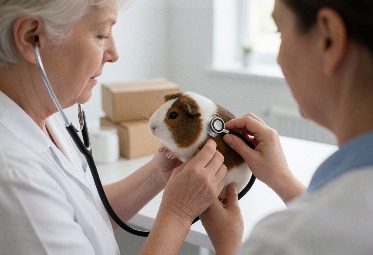 Consultation vétérinaire mettant en scène un hamster et un cobaye, illustrant les soins aux animaux de compagnie en clinique.