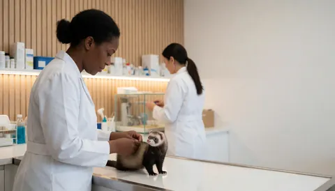 Un furet est examiné par un professionnel lors d'une consultation en clinique vétérinaire.